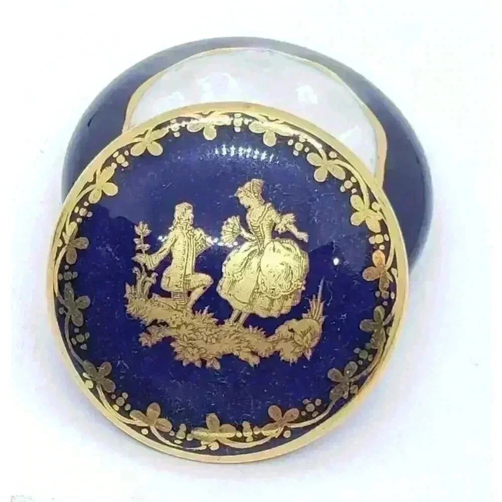 Vintage Limoges France Blue Courting Couple Trinket Pill Box Gold Trim Signed